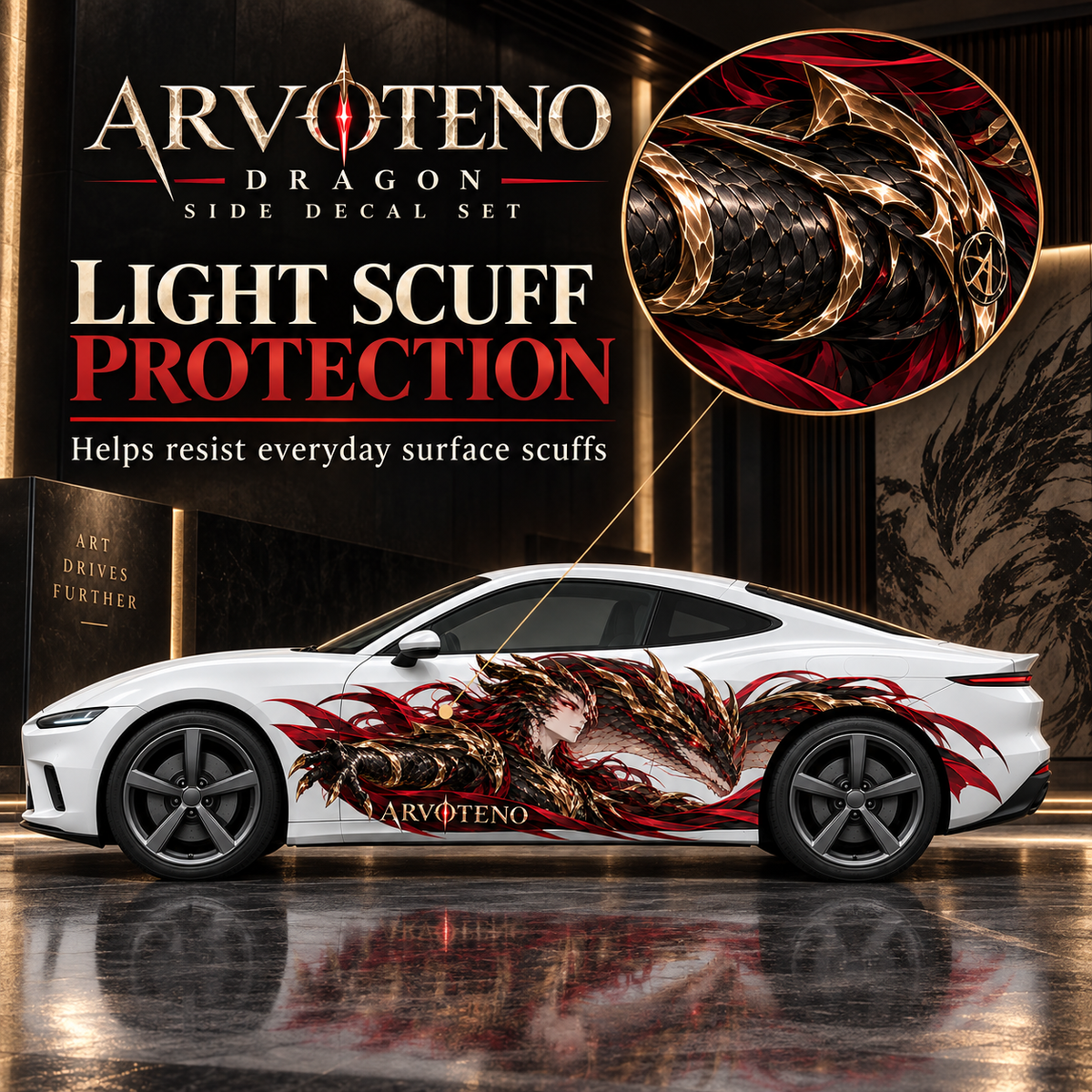 ARVOTENO Dragon: Close detail illustrating protection against everyday light surface scuffs