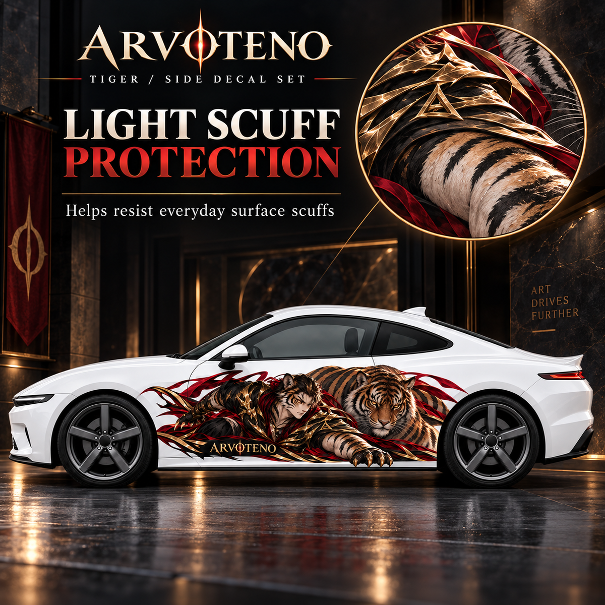 ARVOTENO Tiger: Close detail illustrating protection against everyday light surface scuffs
