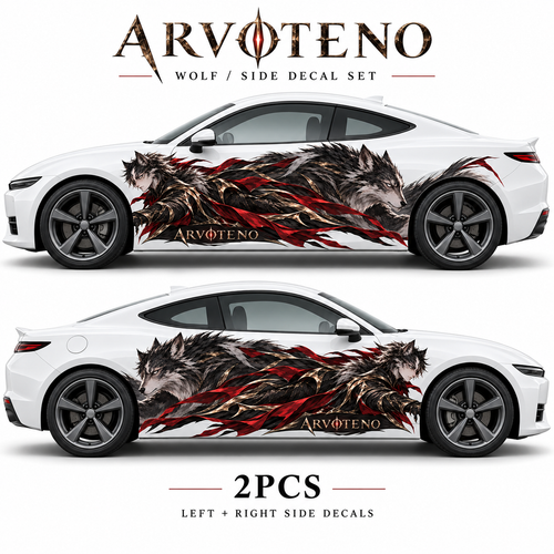 ARVOTENO Wolf: Left and right side decal set shown on two vehicles against a white background