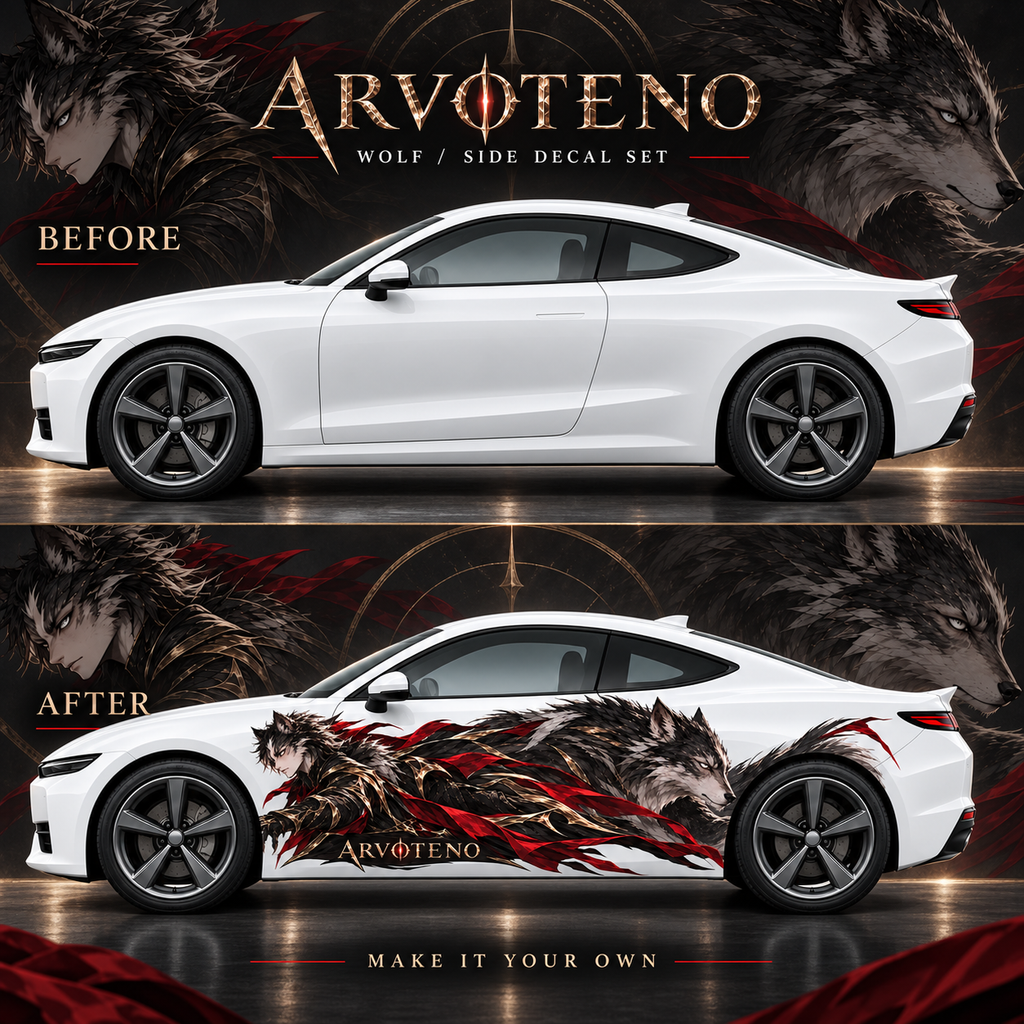 ARVOTENO Wolf: Vehicle appearance before and after applying the side decal artwork