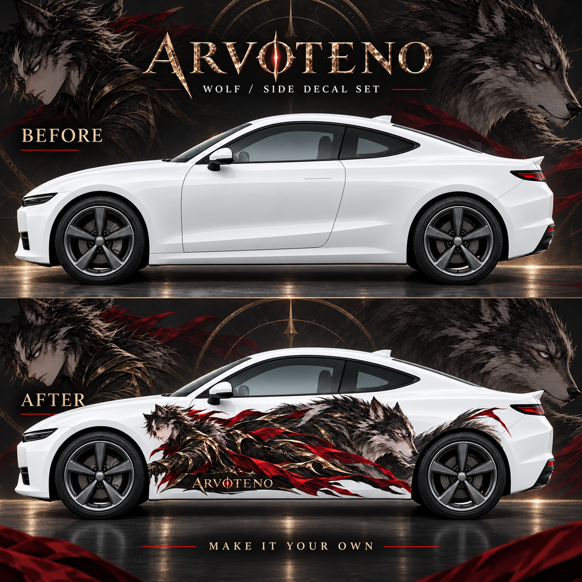ARVOTENO Wolf: Vehicle appearance before and after applying the side decal artwork